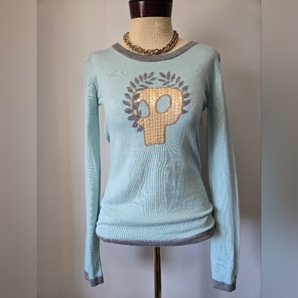 CHARLES JOURDAN 100% Merino Wool Skull Graphic Sweater With Muted Sequins.  Med